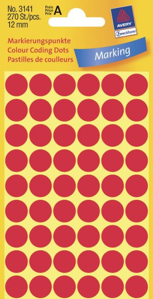 ETIKETTER AVERY Ø12MM RØD 3141 270 STK/PK