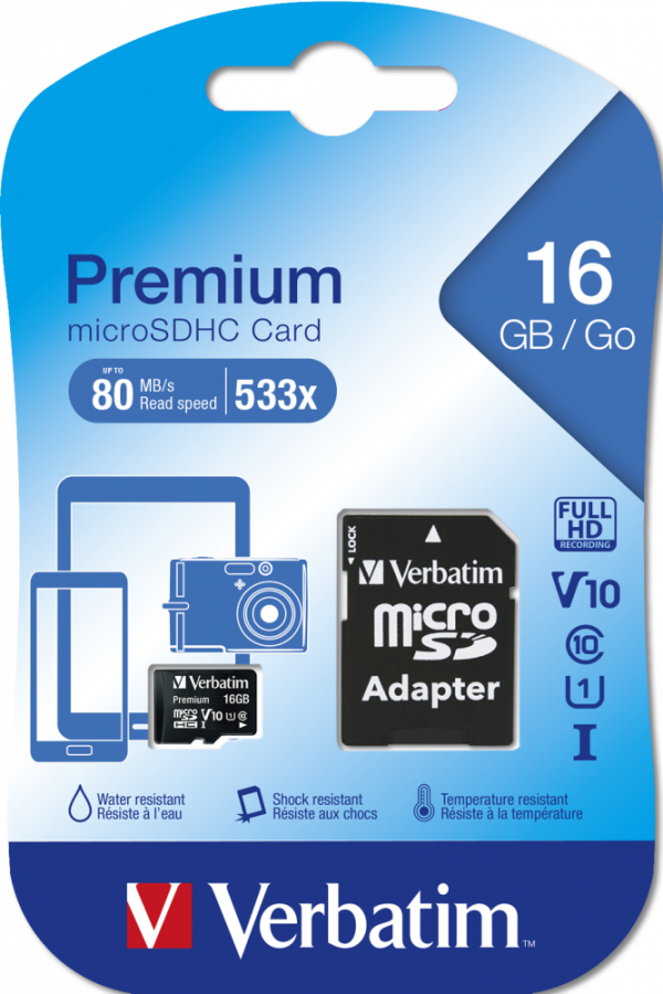 MICRO SD CARD VERBAT. 16 GB HC 44081 PRO CLASS 10 M/ADAPTER