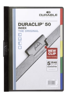 Klemmappe duraclip® index 50 a4Den originale DURACLIP mappe med integreret 5-delt farvet indeks. Kapacitet: 1-50 A4-ark