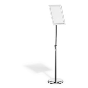 Gulvskilt med klikramme a4Gulvskilt med klikramme i A4 format. Den kan justeres i højden og læsevinklen og kan drejes til stående eller liggende format.