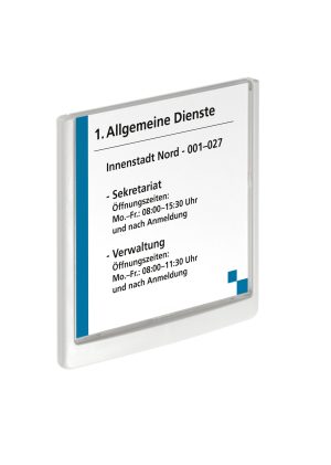 Dørskilt click sign 149x148,5 mmDør og vægskilte med farvet kant. Let aftagelig  front for nem udskifte af indstik. Design indstiksetiket med gratis skabelon.