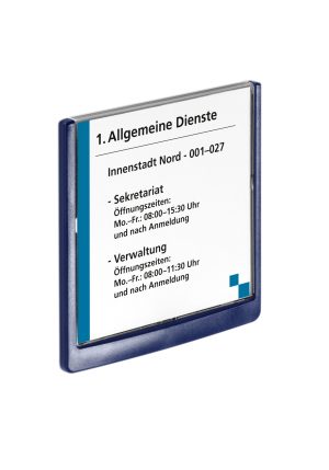 Dørskilt click sign 149x148,5 mmDør og vægskilte med farvet kant. Let aftagelig  front for nem udskifte af indstik. Design indstiksetiket med gratis skabelon.