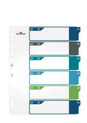 Printbart register a4+ 6-delt 1-6 farve+indsats ppHoldbart register lavet af PP-plast med udskiftelig indholdsfortegnelse, der udskrives fra en printer. Printbart register a4+ 6-delt 1-6 farve+indsats ppHoldbart register lavet af PP-plast med udskiftelig indholdsfortegnelse, der udskrives fra en printer.