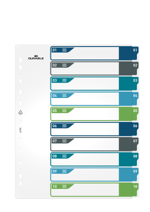 Printbart register a4+ 10-delt 1-10 farve+indsats ppHoldbart register lavet af PP-plast med udskiftelig indholdsfortegnelse, der udskrives fra en printer. Printbart register a4+ 10-delt 1-10 farve+indsats ppHoldbart register lavet af PP-plast med udskiftelig indholdsfortegnelse, der udskrives fra en printer.