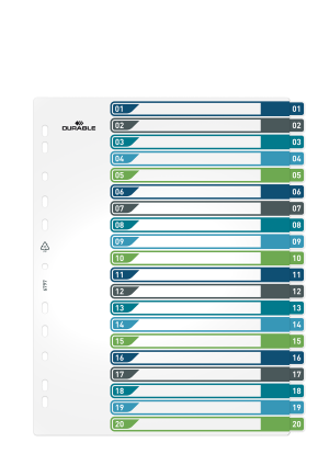 Printbart register a4+ 20-delt 1-20 farve+indsats ppHoldbart register lavet af PP-plast med udskiftelig indholdsfortegnelse, der udskrives fra en printer. Printbart register a4+ 20-delt 1-20 farve+indsats ppHoldbart register lavet af PP-plast med udskiftelig indholdsfortegnelse, der udskrives fra en printer.