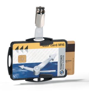 Id-kortholder til 2 kort m stropklemmeHolder med åben front med plads til 2 stk sikkerhedskort.