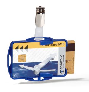 Id-kortholder til 2 kort m stropklemmeHolder med åben front med plads til 2 stk sikkerhedskort.