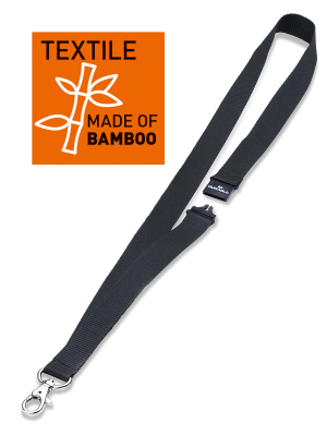 Halssnor 20 eco med karabinhage20 mm bred tekstilrem af bambus. Med karabinhage og sikkerhedsudløser. Længde: 40 cm, pakke med 10 stk