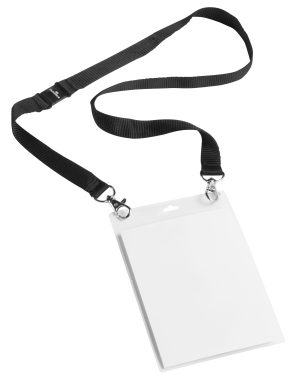 Navneskilt a6 m halssnor duoEkstra store navneskilte i pp-plast og  20mm bred halssnor med to karabinhager samt  sikkerhedsudtræk.