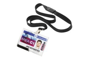 Id-kortholder pushbox duo med halssnorHolder med plads til 2 stk sikkerhedskort med separat rum og kortskyder. Leveres med sort halssnor.  10 stk.