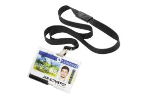 Id-kortholder pushbox mono med halssnorHolder med plads til 1 stk sikkerhedskort med separat rum og kortskyder. Leveres med sort halssnor.  10 stk.