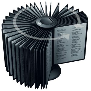 Registersystem sherpa® carousel table 40Roterende displaysystem komplet med 40 sorte A4-displaypaneler, 40 indeksfaner og en vægtet, skridsikker base.