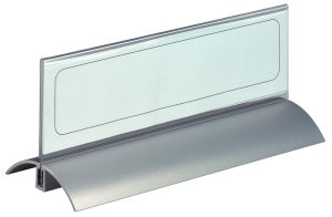 Bordskilteholder presenter de luxe 61x210 mmstilren bordskilte i klar akryl, læseligt fra begge sider. Fod af aluminium. 2 stk/pk