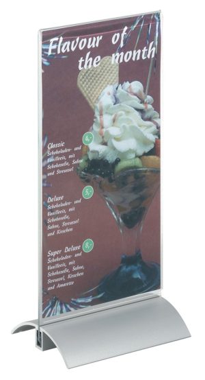 Presenter 1/3 a4stilren bordskilte i klar akryl, læseligt fra begge sider. Fod af aluminium.