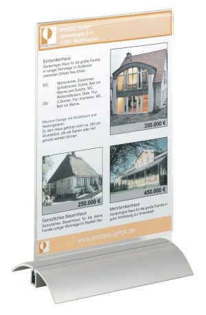 Presenter a5stilren bordskilte i klar akryl, læseligt fra begge sider. Fod af aluminium.