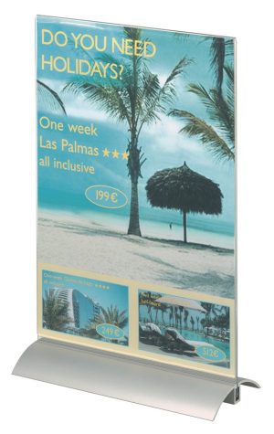 Presenter a4stilren bordskilte i klar akryl, læseligt fra begge sider. Fod af aluminium.