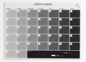 80 x 60 cm. Glass month planner. Grey. English.