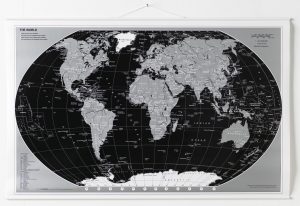 95 x 62 cm. World map. Black/Silver