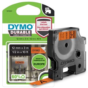 PRÆGETAPE DYMO D1 12MM DURABLE SORT/ORANGE STRONG 3 MTR.