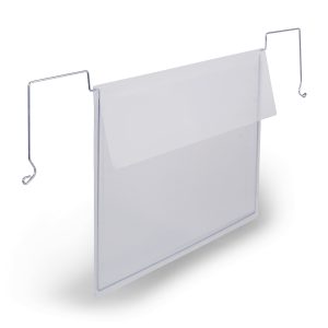 Lagerlomme med wirebeslag og foldeflap a4 tvær ppLagerlomme A4 tværformat, i transparent PP med stål wirebeslag og beskyttende foldeflap.