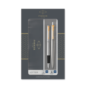Parker Duo Set Jotter Stainless Steel G.T. Ballpoint and Fountain Pen M Blue ink