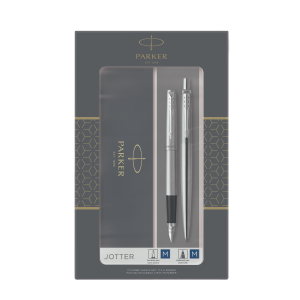 Parker Duo Set Jotter Stainless Steel C.T. Ballpoint and Fountain Pen M Blue ink