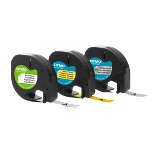 DYMO LetraTag Tape 12mm x 4m paper white, plastic yellow & metallic silver 3-Blister