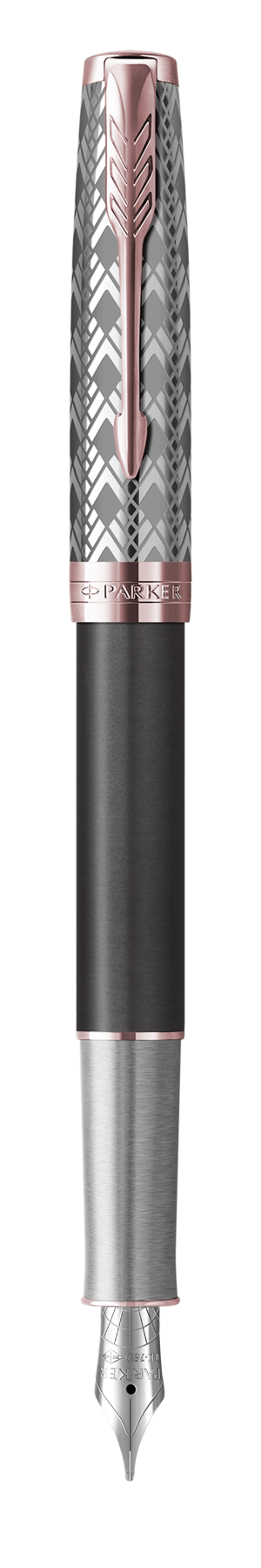 Parker Sonnet Premium Metal and Grey Satin Finish Rose G.T. Fountain Pen F 18K Gold nib Black ink